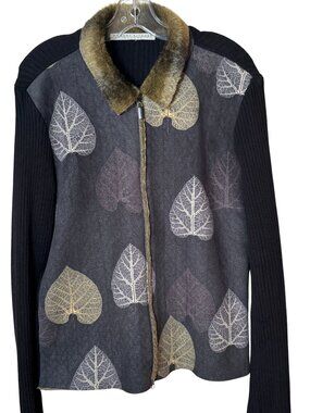 Leaf Print Sweater Jacket Faux Fur Collar + Lining Robert Kitchen XL - XXL Black